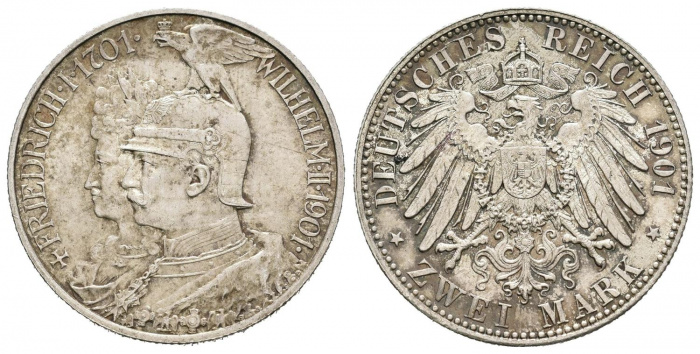 (1901) Монета Германия 1901 год 2 марки &quot;Династия Гогенцоллернов 200 лет&quot;  Серебро Ag 900  XF